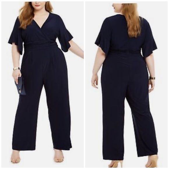 Jessica Howard‎ Plus Size Navy Surplice Ruched Jersey Jumpsuit in 2X - Picture 1 of 15